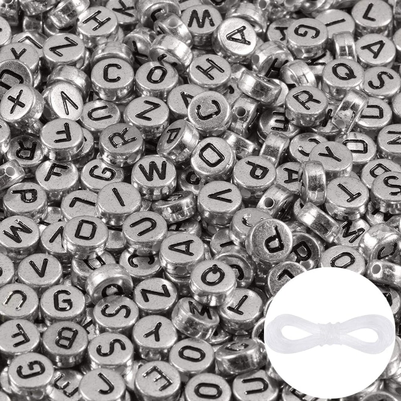 1000pcs Silver Letter Beads for Bracelets, 4x7mm Black Alphabet A-Z Beads Friendship Bracelets Jewelry Making Kit for Teen Girl Gifts